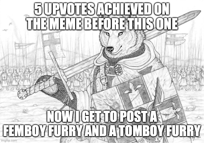 :) | 5 UPVOTES ACHIEVED ON THE MEME BEFORE THIS ONE; NOW I GET TO POST A FEMBOY FURRY AND A TOMBOY FURRY | image tagged in fursader | made w/ Imgflip meme maker