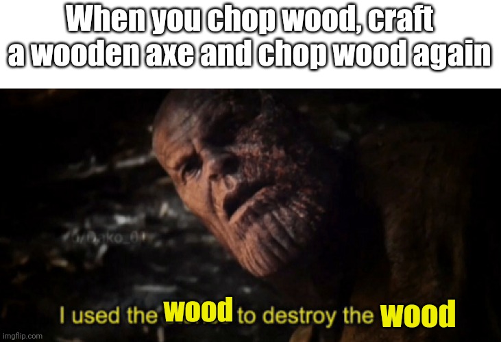 I used the wood to destroy the wood | When you chop wood, craft a wooden axe and chop wood again; wood; wood | image tagged in i used the stones to destroy the stones,minecraft,minecraft memes,memes,funny | made w/ Imgflip meme maker