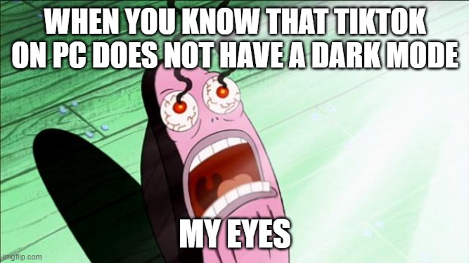 Dark mode 4 ever | WHEN YOU KNOW THAT TIKTOK ON PC DOES NOT HAVE A DARK MODE; MY EYES | image tagged in spongebob my eyes | made w/ Imgflip meme maker