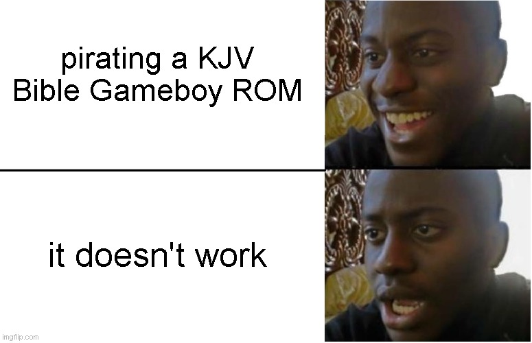 None of the ROMs I've found of it work, and the actual cartridge is so expensive and hard to find :( | pirating a KJV Bible Gameboy ROM; it doesn't work | image tagged in disappointed black guy | made w/ Imgflip meme maker