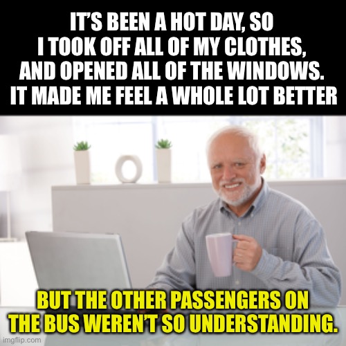 Hot | IT’S BEEN A HOT DAY, SO I TOOK OFF ALL OF MY CLOTHES, AND OPENED ALL OF THE WINDOWS.  IT MADE ME FEEL A WHOLE LOT BETTER; BUT THE OTHER PASSENGERS ON THE BUS WEREN’T SO UNDERSTANDING. | image tagged in hide the pain harold large | made w/ Imgflip meme maker