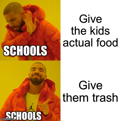Drake Hotline Bling Meme | Give the kids actual food; SCHOOLS; Give them trash; SCHOOLS | image tagged in memes,drake hotline bling | made w/ Imgflip meme maker