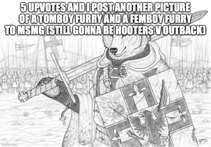 y'all know what to do (edit: you did exactly what I wanted you to do, not make me find another one of them) | 5 UPVOTES AND I POST ANOTHER PICTURE OF A TOMBOY FURRY AND A FEMBOY FURRY TO MSMG (STILL GONNA BE HOOTERS V OUTBACK) | image tagged in fursader | made w/ Imgflip meme maker