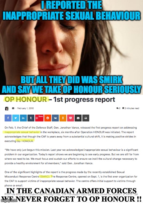 The CAF name things appropriately & never forget to Op Honour ! | I REPORTED THE INAPPROPRIATE SEXUAL BEHAVIOUR; BUT ALL THEY DID WAS SMIRK AND SAY WE TAKE OP HONOUR SERIOUSLY; IN THE CANADIAN ARMED FORCES WE NEVER FORGET TO OP HONOUR !! | image tagged in memes,first world problems | made w/ Imgflip meme maker