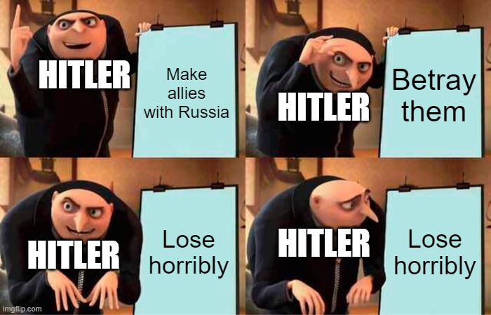 True | HITLER; Make allies with Russia; Betray them; HITLER; Lose horribly; Lose horribly; HITLER; HITLER | image tagged in memes,gru's plan | made w/ Imgflip meme maker