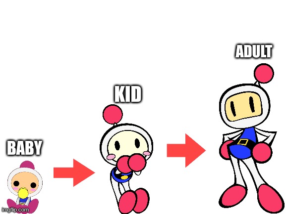 White Bomber's generations | ADULT; KID; BABY | image tagged in blank white template,bomberman | made w/ Imgflip meme maker