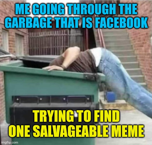 Trashbook | ME GOING THROUGH THE GARBAGE THAT IS FACEBOOK; TRYING TO FIND ONE SALVAGEABLE MEME | image tagged in facebook,garbage,trash can,meme,hunting | made w/ Imgflip meme maker