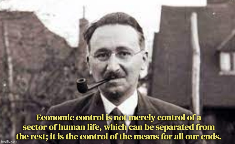 title | Economic control is not merely control of a sector of human life, which can be separated from the rest; it is the control of the means for all our ends. | image tagged in rmk,hayek | made w/ Imgflip meme maker