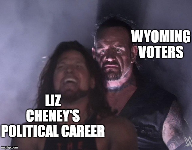 It ends Tonight. | WYOMING VOTERS; LIZ CHENEY'S POLITICAL CAREER | image tagged in undertaker,wyoming,primary,republican | made w/ Imgflip meme maker