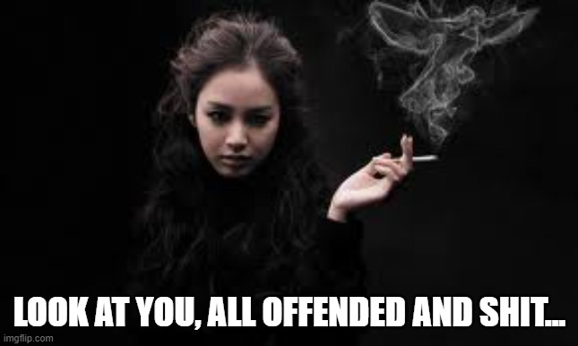 LOOK AT YOU, ALL OFFENDED AND SHIT... | image tagged in smoking woman | made w/ Imgflip meme maker