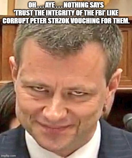 This image says it all, really. | OH . . . AYE . . . NOTHING SAYS 'TRUST THE INTEGRITY OF THE FBI' LIKE CORRUPT PETER STRZOK VOUCHING FOR THEM. | image tagged in peter | made w/ Imgflip meme maker