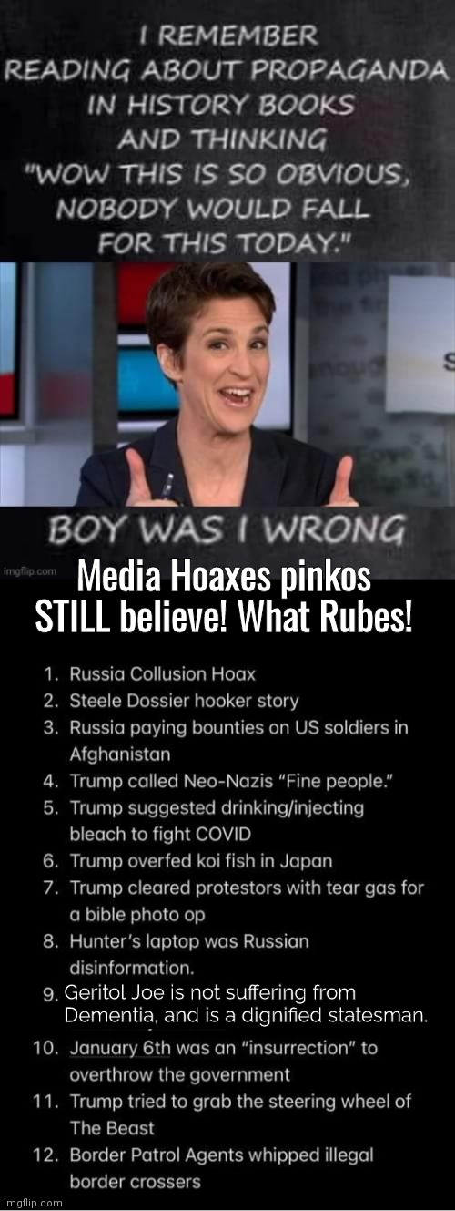 Stupid Hoaxes Pinkos believe | Media Hoaxes pinkos STILL believe! What Rubes! Geritol Joe is not suffering from Dementia, and is a dignified statesman. | image tagged in rachel maddow | made w/ Imgflip meme maker