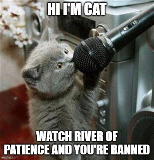 Used in comment | HI I'M CAT; WATCH RIVER OF PATIENCE AND YOU'RE BANNED | image tagged in cat microphone | made w/ Imgflip meme maker
