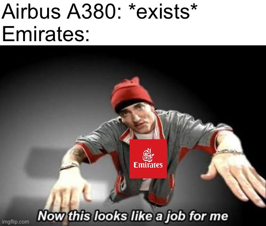 Airbus A380 | Airbus A380: *exists*
Emirates: | image tagged in now this looks like a job for me,memes,airplane,aviation,funny,airplanes | made w/ Imgflip meme maker