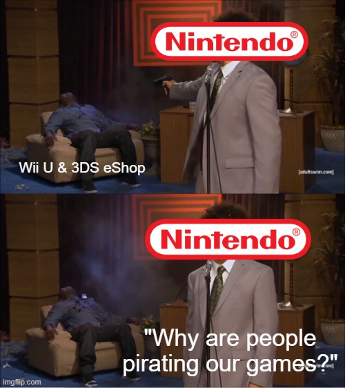 Who Killed Hannibal Meme | Wii U & 3DS eShop; "Why are people pirating our games?" | image tagged in memes,who killed hannibal,nintendo,wii u,3ds | made w/ Imgflip meme maker