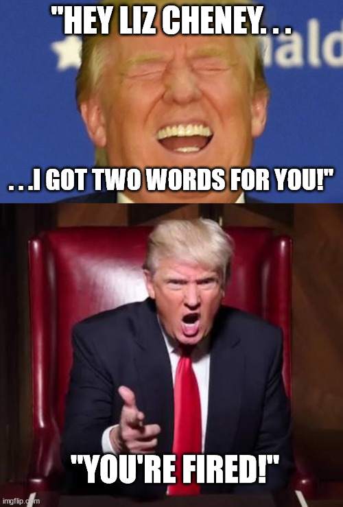 Hit the road RINO and come back no more, no more, no more!Hopefully Trump does say something like this to mess with her. | "HEY LIZ CHENEY. . . . . .I GOT TWO WORDS FOR YOU!"; "YOU'RE FIRED!" | image tagged in trump laughing,donald trump fired,liz cheney rino | made w/ Imgflip meme maker