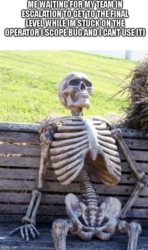 #valorantmeme 1 | ME WAITING FOR MY TEAM IN ESCALATION TO GET TO THE FINAL LEVEL WHILE IM STUCK ON THE OPERATOR ( SCOPE BUG AND I CANT USE IT) | image tagged in memes,waiting skeleton,funny,didn't post in a while,fun,bige | made w/ Imgflip meme maker