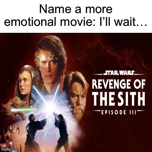 Revenge Of The Sith is the saddest movie ever | Name a more emotional movie: I’ll wait… | image tagged in sad,revenge of the sith | made w/ Imgflip meme maker
