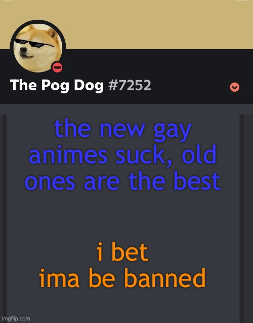 /j iryo | the new gay animes suck, old ones are the best; i bet ima be banned | image tagged in epic doggos epic discord temp | made w/ Imgflip meme maker