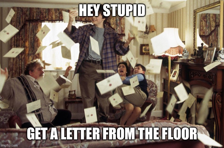Harry Potter Letters | HEY STUPID; GET A LETTER FROM THE FLOOR | image tagged in harry potter letters | made w/ Imgflip meme maker