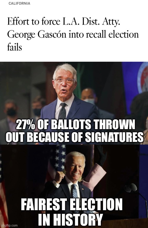 Most Fairest Ever | 27% OF BALLOTS THROWN OUT BECAUSE OF SIGNATURES; FAIREST ELECTION IN HISTORY | image tagged in election fraud,cheaters,george gascon | made w/ Imgflip meme maker