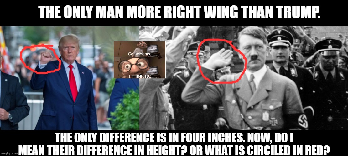 Not a good look. | THE ONLY MAN MORE RIGHT WING THAN TRUMP. THE ONLY DIFFERENCE IS IN FOUR INCHES. NOW, DO I MEAN THEIR DIFFERENCE IN HEIGHT? OR WHAT IS CIRCILED IN RED? | image tagged in trump,hitler,nazi,white supremacist,proof,can't deny | made w/ Imgflip meme maker