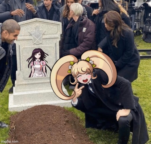 In loving memory of Mikan Tsumiki | image tagged in grant gustin over grave,danganronpa,anime,videogames,video games,death | made w/ Imgflip meme maker