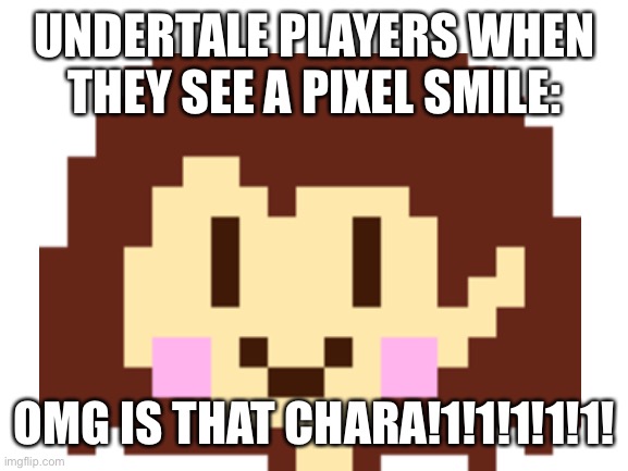 Undertale players | UNDERTALE PLAYERS WHEN THEY SEE A PIXEL SMILE:; OMG IS THAT CHARA!1!1!1!1!1! | image tagged in memes,funny,gaming,undertale,this is a tag,stop reading the tags | made w/ Imgflip meme maker