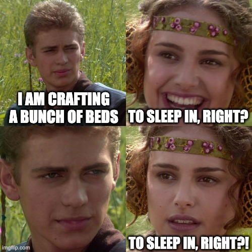 definitely not defeating the ender dragon | I AM CRAFTING A BUNCH OF BEDS; TO SLEEP IN, RIGHT? TO SLEEP IN, RIGHT?! | image tagged in anakin padme 4 panel | made w/ Imgflip meme maker