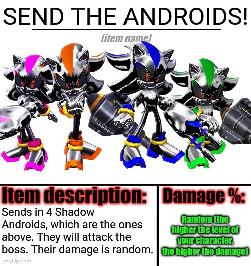 SEND THE ANDROIDS! | SEND THE ANDROIDS! Sends in 4 Shadow Androids, which are the ones above. They will attack the boss. Their damage is random. Random (the higher the level of your character, the higher the damage) | image tagged in item-shop template,android,why do i hear boss music,random | made w/ Imgflip meme maker