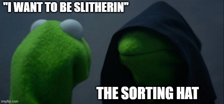 I think this appeared somewhere | "I WANT TO BE SLITHERIN"; THE SORTING HAT | image tagged in memes,evil kermit | made w/ Imgflip meme maker