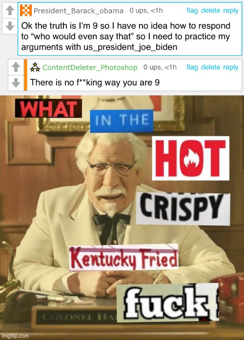 After that whole argument earlier today, there is no way you are 9 unless you’ve been scarred for life or something by the inter | image tagged in what in the hot crispy kentucky fried frick | made w/ Imgflip meme maker