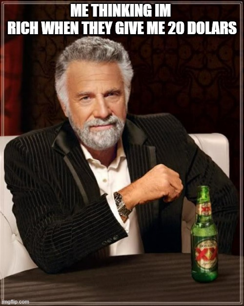 The Most Interesting Man In The World Meme | ME THINKING IM 
RICH WHEN THEY GIVE ME 20 DOLARS | image tagged in memes,the most interesting man in the world | made w/ Imgflip meme maker