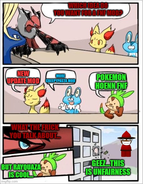 A REGULAR MEETING |  WHICH IDEA DO YOU WANT FOR A FNF MOD? NEW UPDATE MOD; MORE CREEPYPASTA MOD; POKEMON HOENN FNF; WHAT THE FRICK YOU TALK ABOUT... GEEZ...THIS IS UNFAIRNESS; BUT RAYQUAZA IS COOL... | image tagged in pokemon board meeting,pokemon,pokemon memes,fnf,fnf custom week,memes | made w/ Imgflip meme maker