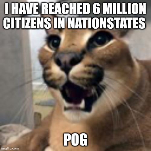 Floppa pog | I HAVE REACHED 6 MILLION CITIZENS IN NATIONSTATES; POG | image tagged in floppa pog | made w/ Imgflip meme maker