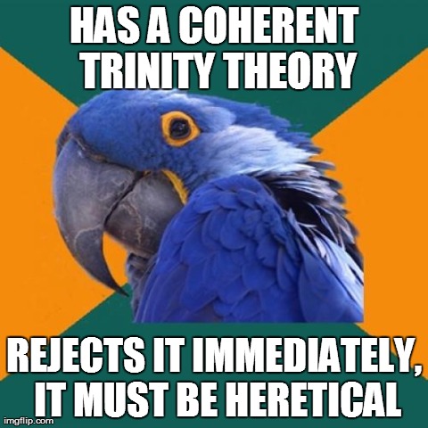 Paranoid Parrot Meme | HAS A COHERENT TRINITY THEORY REJECTS IT IMMEDIATELY, IT MUST BE HERETICAL | image tagged in memes,paranoid parrot | made w/ Imgflip meme maker