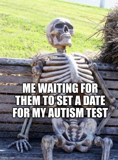 It was meant to be last month | ME WAITING FOR THEM TO SET A DATE FOR MY AUTISM TEST | image tagged in memes,waiting skeleton,autism | made w/ Imgflip meme maker