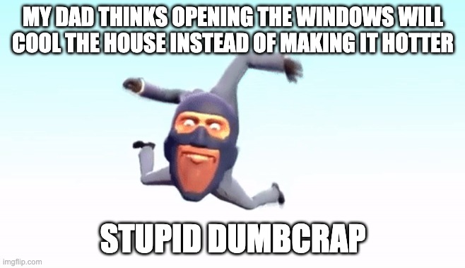the s p y | MY DAD THINKS OPENING THE WINDOWS WILL COOL THE HOUSE INSTEAD OF MAKING IT HOTTER; STUPID DUMBCRAP | image tagged in the s p y | made w/ Imgflip meme maker