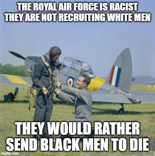 air force | THE ROYAL AIR FORCE IS RACIST THEY ARE NOT RECRUITING WHITE MEN; THEY WOULD RATHER SEND BLACK MEN TO DIE | image tagged in air force | made w/ Imgflip meme maker