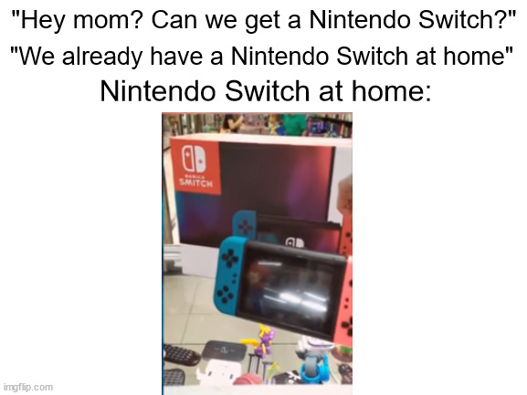 No joke! This is an actual bootleg product. | "Hey mom? Can we get a Nintendo Switch?"; "We already have a Nintendo Switch at home"; Nintendo Switch at home: | image tagged in blank white template | made w/ Imgflip meme maker