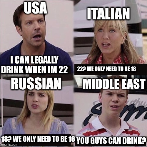 Legal age to drink | ITALIAN; USA; I CAN LEGALLY DRINK WHEN IM 22; 22? WE ONLY NEED TO BE 18; MIDDLE EAST; RUSSIAN; 18? WE ONLY NEED TO BE 16; YOU GUYS CAN DRINK? | image tagged in you guys are getting paid template | made w/ Imgflip meme maker