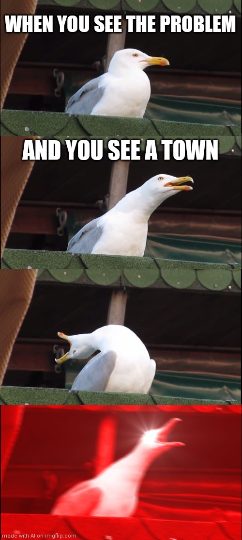 Huh? | WHEN YOU SEE THE PROBLEM; AND YOU SEE A TOWN | image tagged in memes,inhaling seagull | made w/ Imgflip meme maker