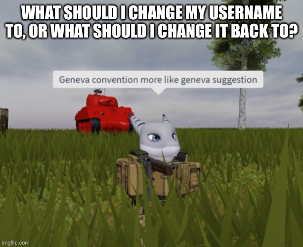 my roblox avatar looks more like a hazbin hotel character than a tiger shark bruh | WHAT SHOULD I CHANGE MY USERNAME TO, OR WHAT SHOULD I CHANGE IT BACK TO? | image tagged in geneva convention more like geneva suggestion | made w/ Imgflip meme maker