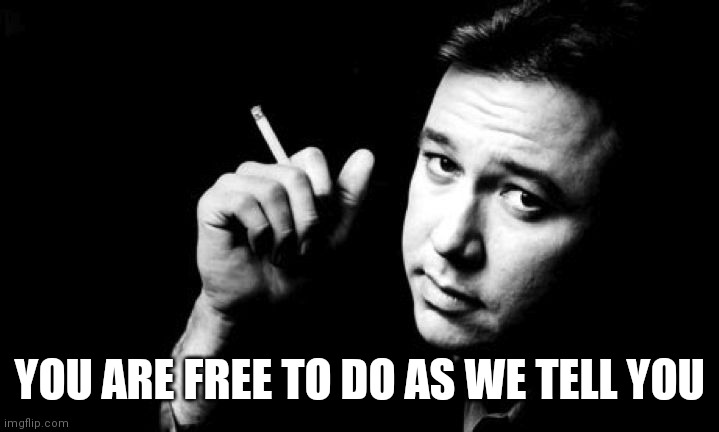 Bill Hicks meme | YOU ARE FREE TO DO AS WE TELL YOU | image tagged in bill hicks meme | made w/ Imgflip meme maker