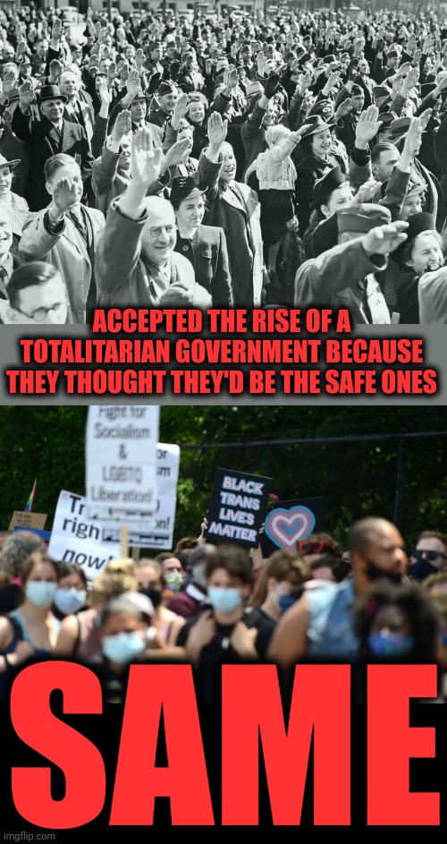 A totalitarian government will always come after you |  ACCEPTED THE RISE OF A TOTALITARIAN GOVERNMENT BECAUSE
THEY THOUGHT THEY'D BE THE SAFE ONES; SAME | image tagged in memes,democrats,joe biden,totalitarian government,censorship,corruption | made w/ Imgflip meme maker