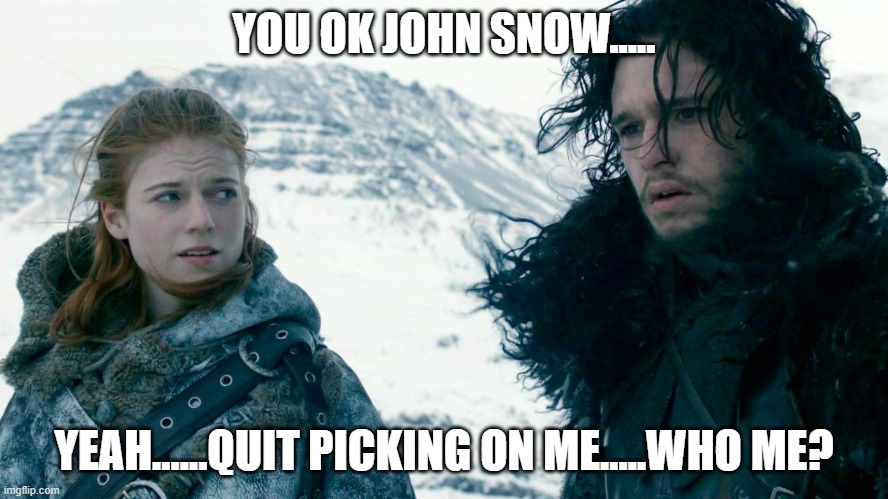 John Snow and Ygritte | YOU OK JOHN SNOW..... YEAH......QUIT PICKING ON ME.....WHO ME? | image tagged in john snow and ygritte | made w/ Imgflip meme maker