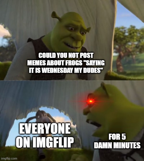 for god sake come on |  COULD YOU NOT POST MEMES ABOUT FROGS "SAYING IT IS WEDNESDAY MY DUDES"; EVERYONE ON IMGFLIP; FOR 5 DAMN MINUTES | image tagged in could you not ___ for 5 minutes | made w/ Imgflip meme maker
