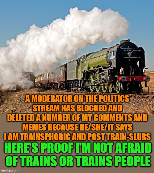 And as for trains-slurs, this one is a beauty, although I would probably lose the alvacado color scheme- so 1970s. | A MODERATOR ON THE POLITICS STREAM HAS BLOCKED AND DELETED A NUMBER OF MY COMMENTS AND MEMES BECAUSE HE/SHE/IT SAYS I AM TRAINSPHOBIC AND POST TRAIN-SLURS; HERE'S PROOF I'M NOT AFRAID OF TRAINS OR TRAINS PEOPLE | image tagged in train | made w/ Imgflip meme maker