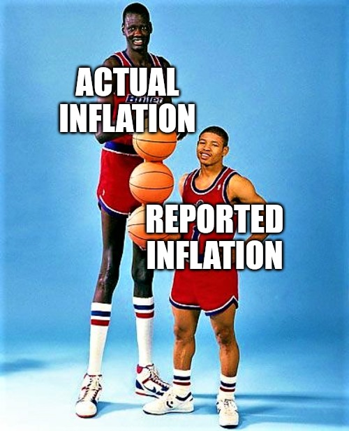 Actual Inflation | ACTUAL INFLATION; REPORTED INFLATION | image tagged in manute bol and muggsy bogues,inflation,money,federal reserve,government,spending | made w/ Imgflip meme maker