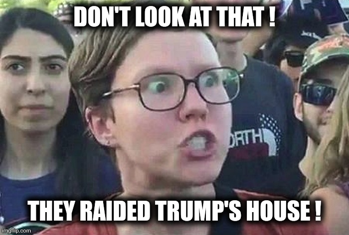 Triggered Liberal | DON'T LOOK AT THAT ! THEY RAIDED TRUMP'S HOUSE ! | image tagged in triggered liberal | made w/ Imgflip meme maker